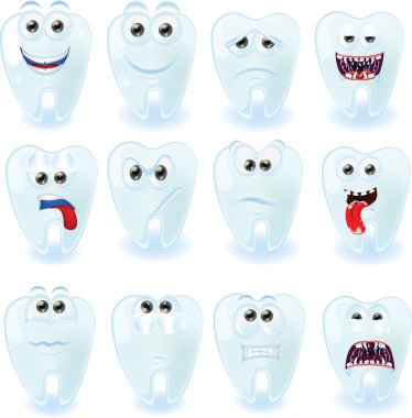 çizgi film sevimli dişler farklı duygular ile