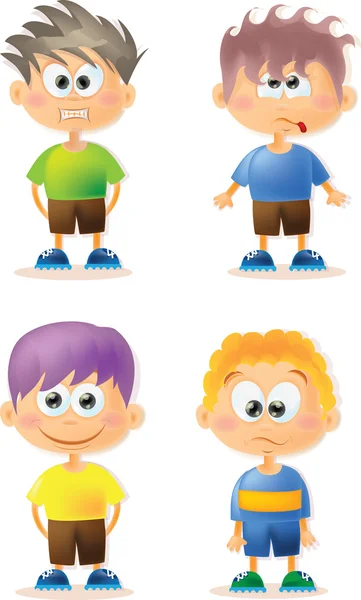 Lindos chicos de dibujos animados con diferentes emociones — Vector de stock