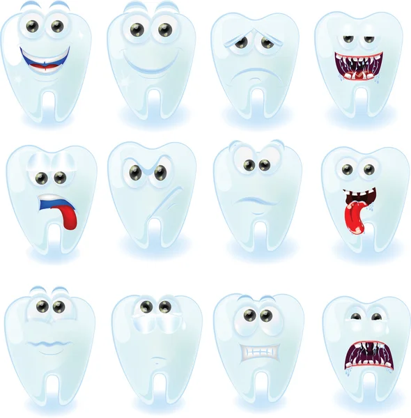 Desenhos animados dentes bonitos com emoções diferentes — Vetor de Stock