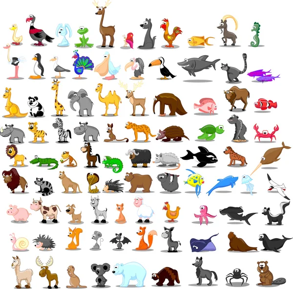 Super conjunto de 91 animales de dibujos animados lindos — Vector de stock