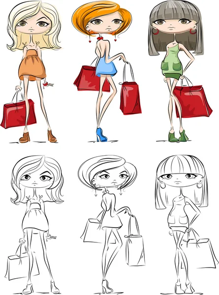 Desenhos animados meninas da moda — Vetor de Stock