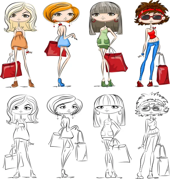 Dibujos animados chicas de moda — Vector de stock