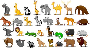 Aslan, kanguru, zürafa, fil, deve, antilop, su aygırı, kaplan, zebra, Gergedan