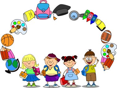 Cartoon students and school subjects, banner frame