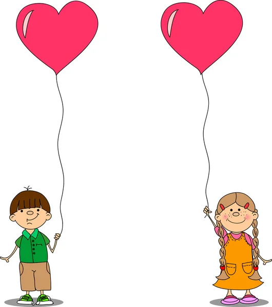 Bande dessinée mignon enfants avec ballons en forme de coeur — Image vectorielle