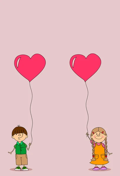 Bande dessinée mignon enfants avec ballons en forme de coeur — Image vectorielle