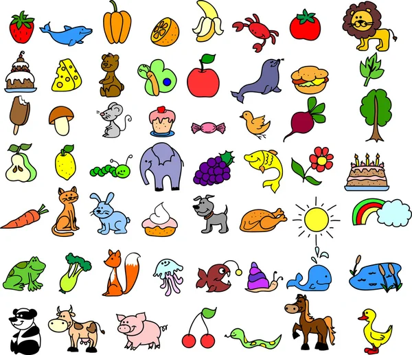 Icone dei cartoni animati di animali, cibo — Vettoriale Stock
