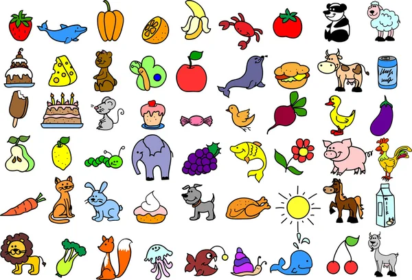 Карикатурные иконы животных, продуктов питания — стоковый вектор