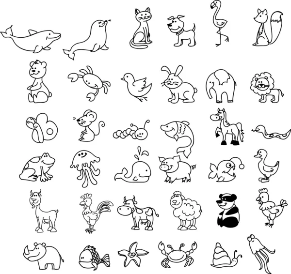 Iconos de animales, blanco y negro — Vector de stock