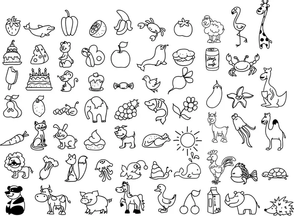 Iconos de alimentos y animales, blanco y negro — Vector de stock