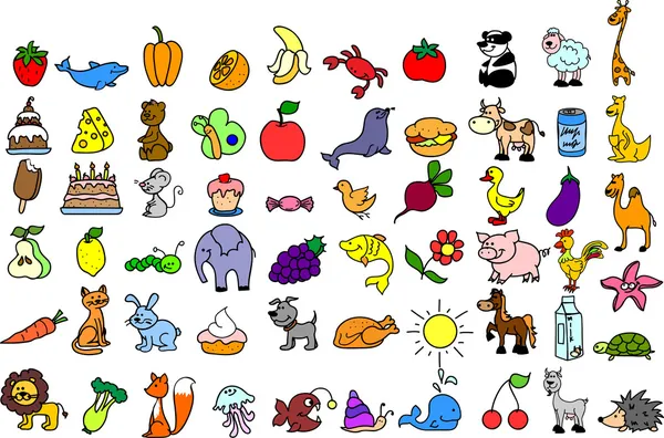 Iconos de dibujos animados de animales, comida — Vector de stock