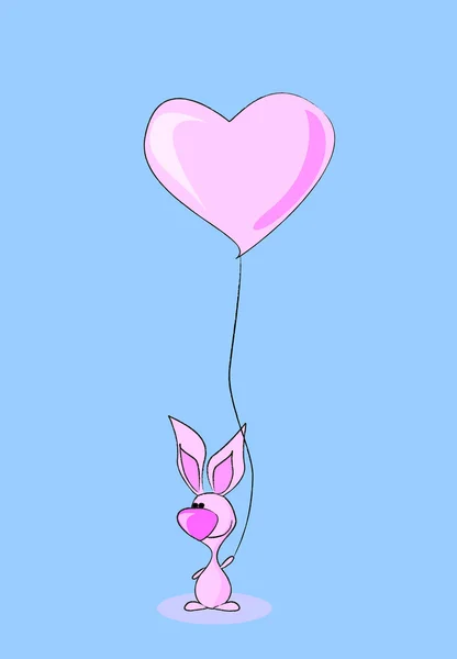 Růžový zajíček drží balon srdce — Stockový vektor