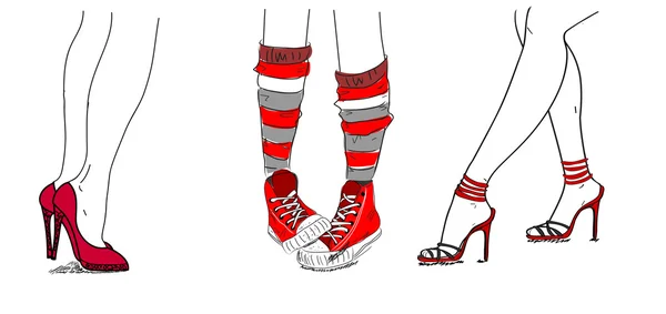 Модные туфли, сандалии, кроссовки и красивые ноги — стоковый вектор
