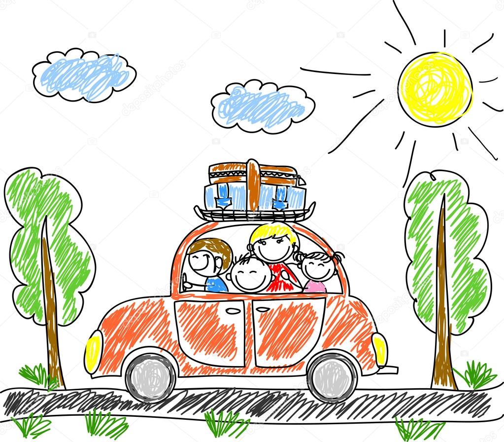 Happy family going on holiday by car