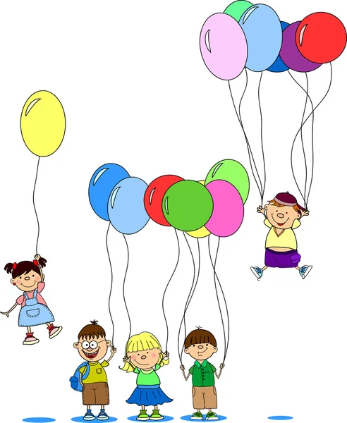 Los niños sostienen globos, tarjeta de felicitación — Vector de stock