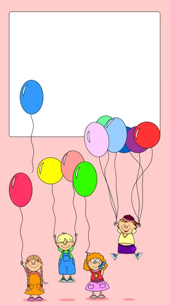 Crianças segurar balões, cartão de saudação — Vetor de Stock