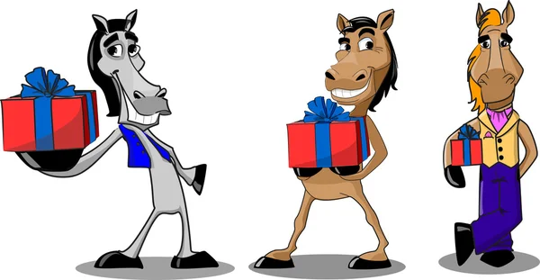 Tres caballos con regalos — Vector de stock