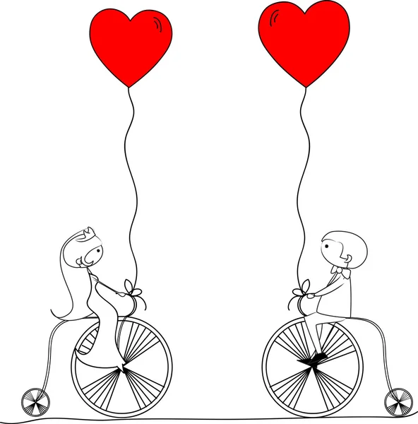 Hochzeit, Braut und Bräutigam fahren Fahrrad — Stockvektor