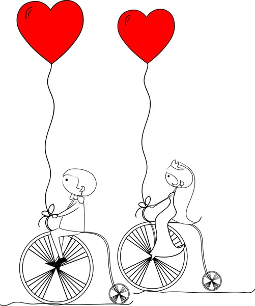 Boda foto, novia y novio montar en bicicleta — Archivo Imágenes Vectoriales