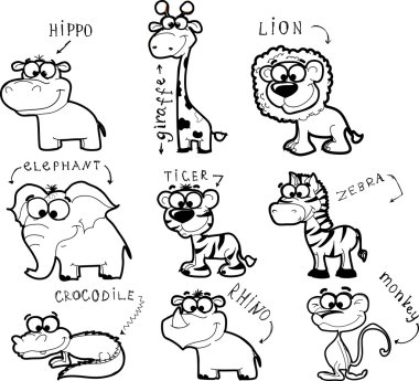 Big set of cartoon black and white animals vector