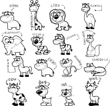 siyah-beyaz karikatür hayvanlar büyük set