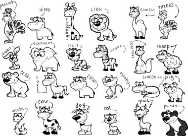siyah-beyaz karikatür hayvanlar büyük set