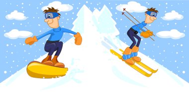 komik karikatür snowboard ve kayakçı