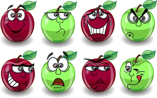 Red and green apple with a variety of emotions — Stock Vector