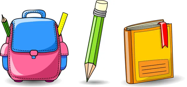 Школьная сумка, книга и карандаш из мультфильма — стоковый вектор