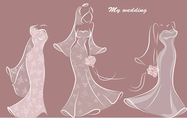 Silueta de una novia en un vestido de novia, fondo, invitación de boda — Vector de stock