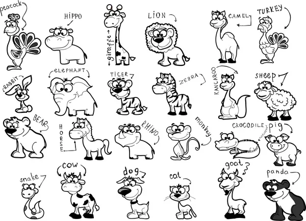 Gran conjunto de animales de dibujos animados en blanco y negro — Vector de stock