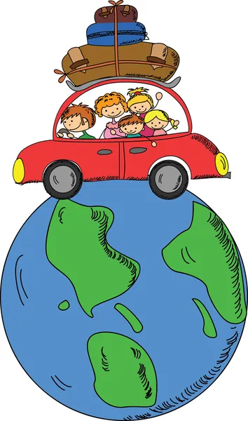 Keluarga di mobil di globe - Stok Vektor