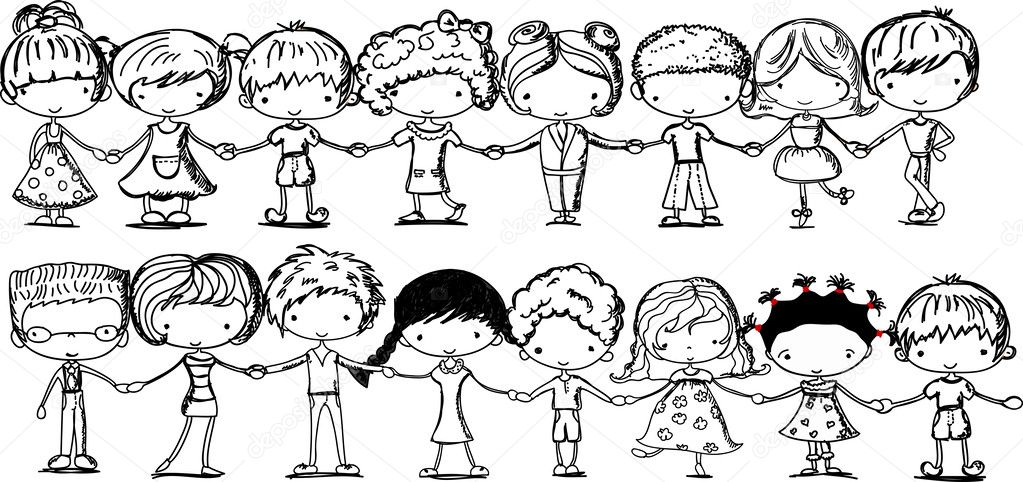 Cute kids holding hands, black and white cartoon picture