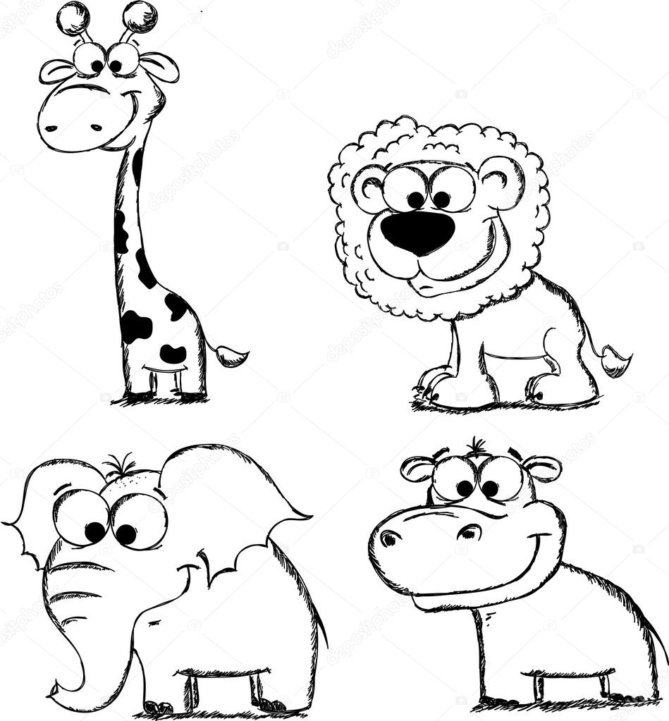 Kreslené zvířata, žirafa, lev, slon, hroch Stock Vector od ...