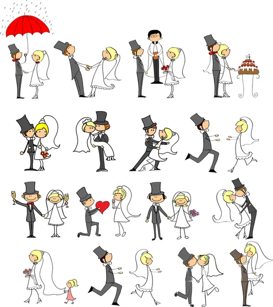 Conjunto de fotos de boda, novia y novio en el amor — Vector de stock