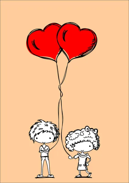 Lindos niños de dibujos animados con globos en forma de corazón — Archivo Imágenes Vectoriales