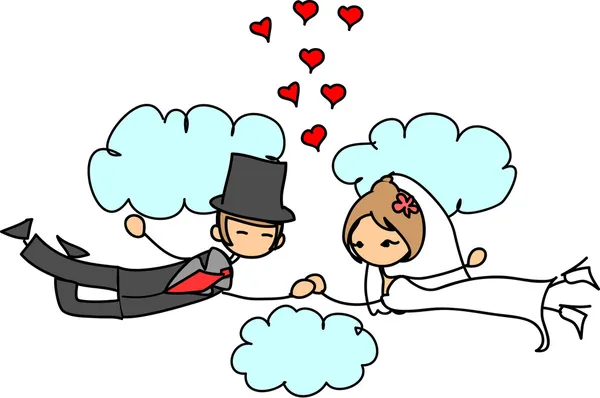 Kärlek brudparet flyger i molnen — Stock vektor