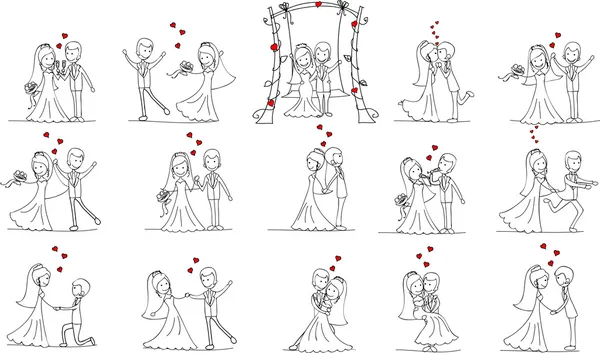 Set of wedding pictures, bride and groom in love — Stock Vector