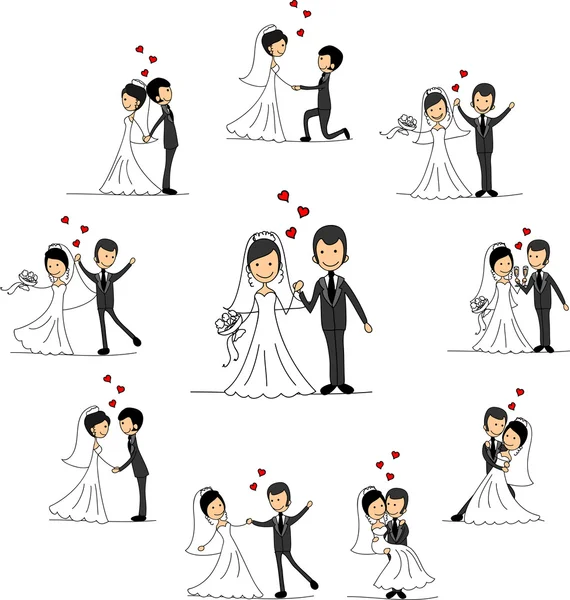 Set of wedding pictures, bride and groom in love — Stock Vector