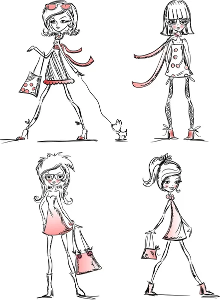 Dessin animé filles à la mode — Image vectorielle