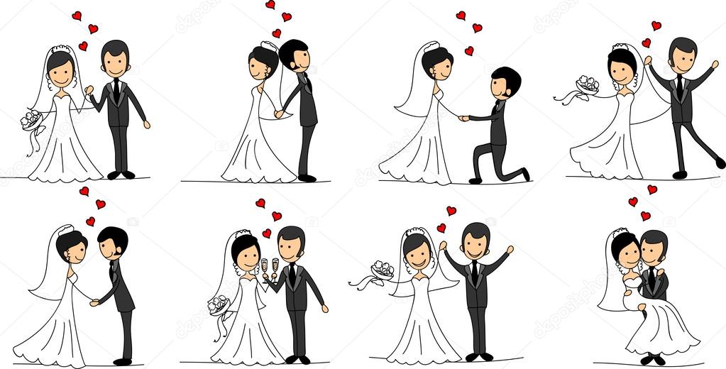 Набор свадебных фотографий, влюбленные жених и невеста