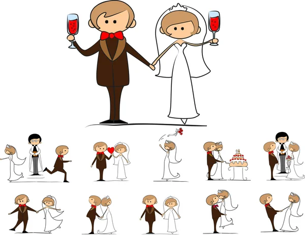 Set of wedding pictures, bride and groom in love — Stock Vector