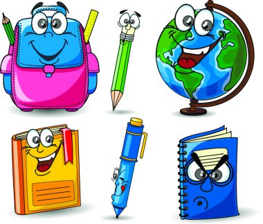 karikatür okul çantaları, kalem, kitap, defter, kalem, Küre