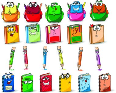 Cartoon okul çantaları, kalem, kitap, defter