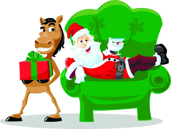 Caballo divertido con regalo y Santa Claus — Vector de stock