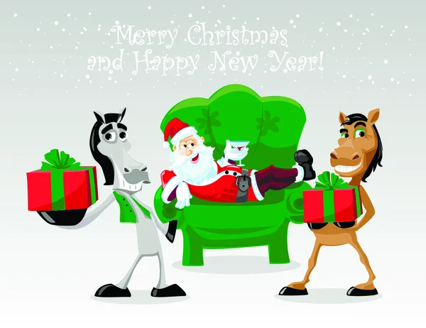 Funny horse with present and Santa Claus — Stock Vector