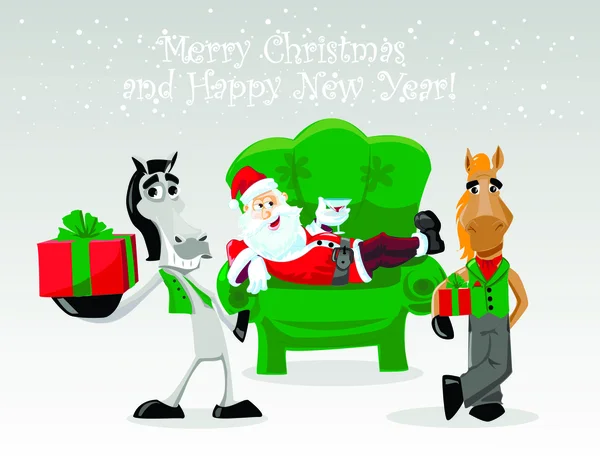 Lustiges Pferd mit Geschenk und Weihnachtsmann — Stockvektor