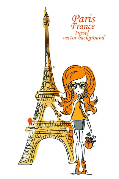 Chica de dibujos animados de moda viaja por el mundo — Vector de stock