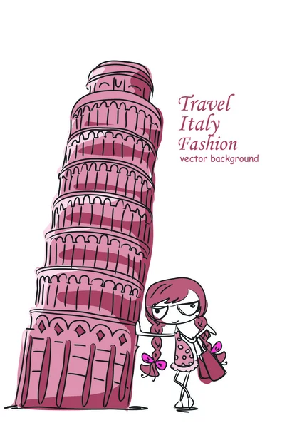 Leaning Tower and fashionable girl — Stock Vector