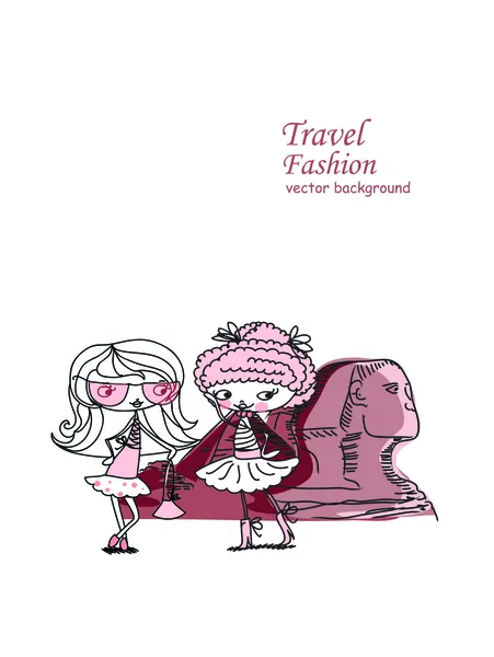 Mode-Cartoon-Mädchen reist um die Welt — Stockvektor